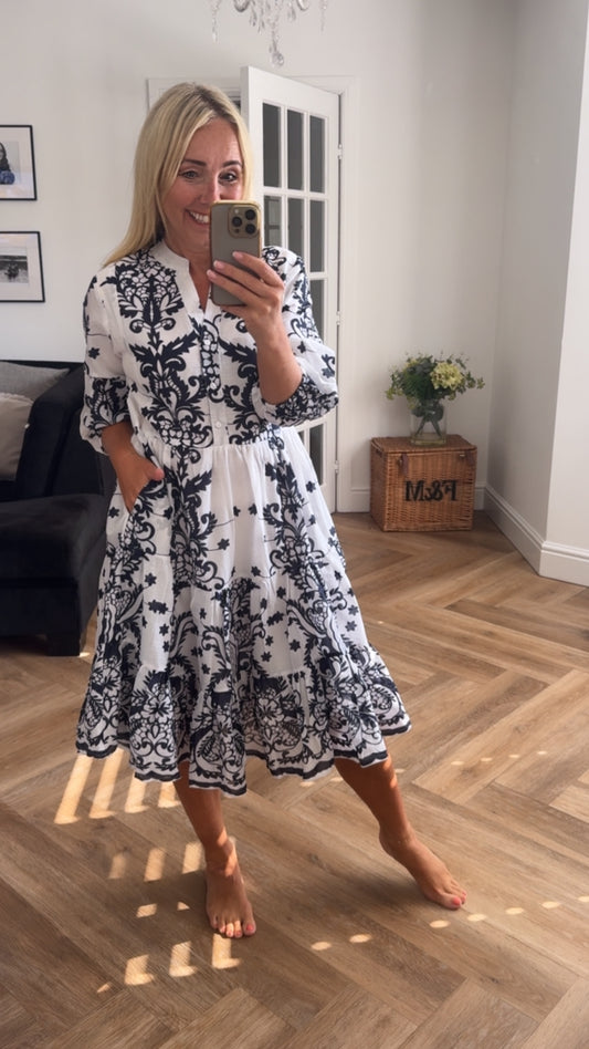 Neve Tiered Dress | White & Navy