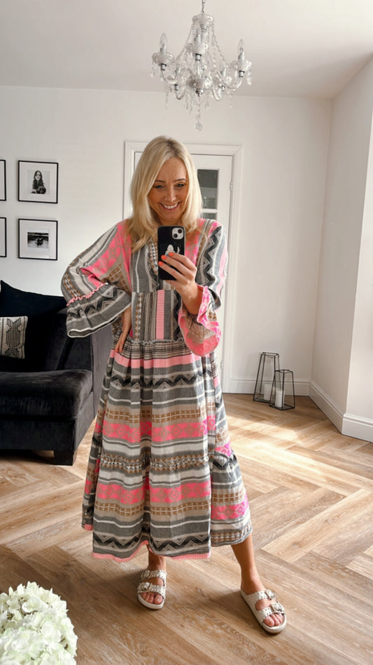 Amalfi Aztec Maxi Dress | Grey & Pink
