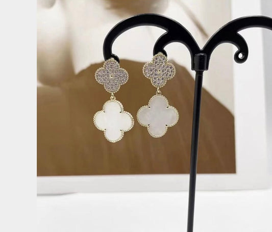 Crystal Mix Twin Clover Earrings | White