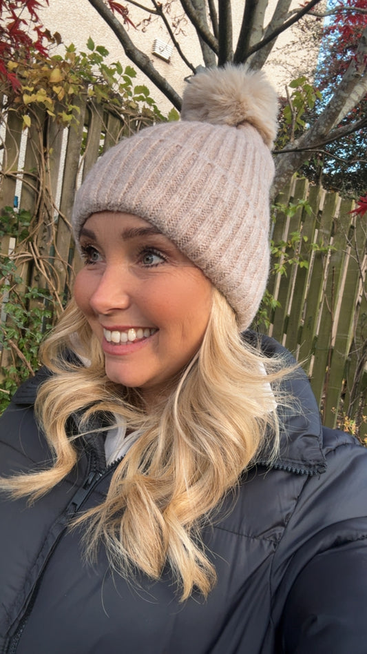 Cashmere Mix Bobble Hat | Beige
