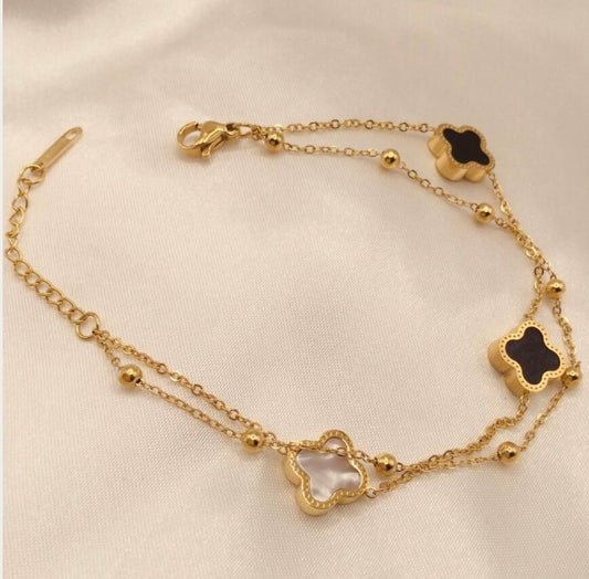 Twin Ball Chain Clover Bracelet | Black & Gold