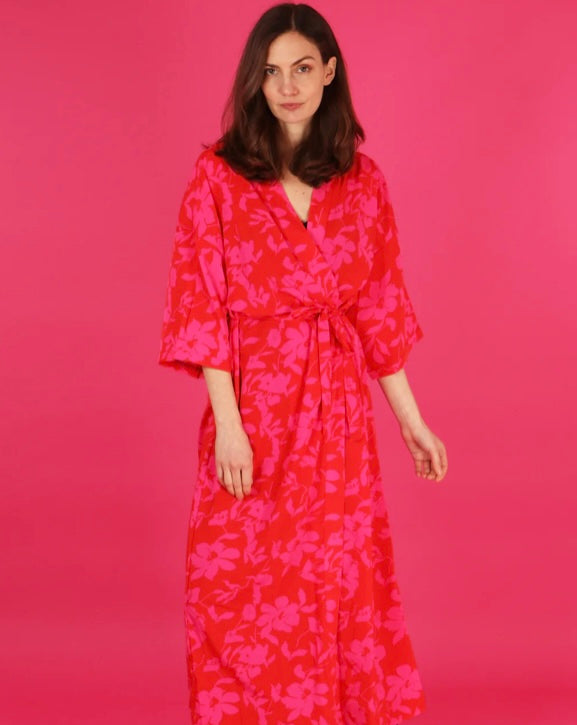 Tropical Floral Print Long Kimono Robe