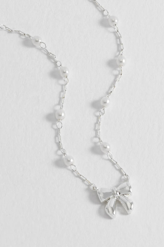 Pearl Bow Necklace | Silver Plated