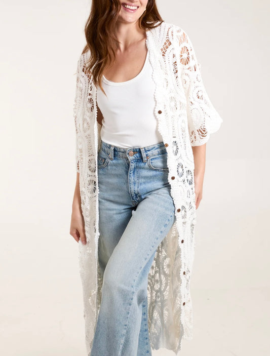 Leni  Longline Crochet Cardigan | Ivory