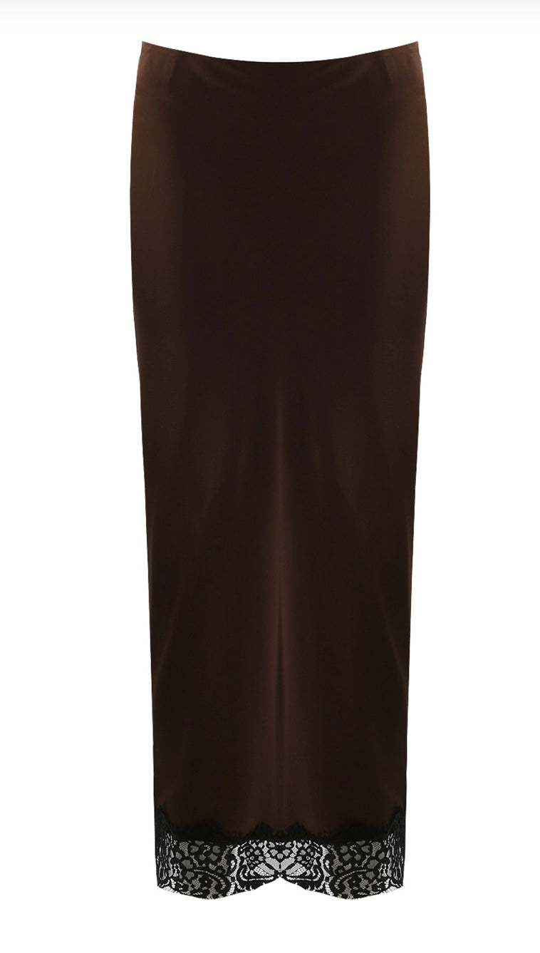 Libby Lace Trim Satin Slip Skirt | Chocolate & Black