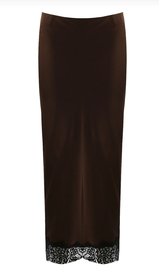 Libby Lace Trim Satin Slip Skirt | Chocolate & Black