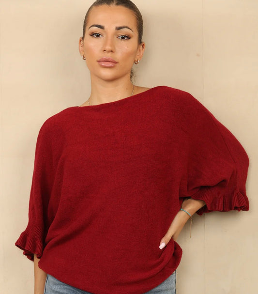 Connie Frill Sleeve Jumper | Burgandy