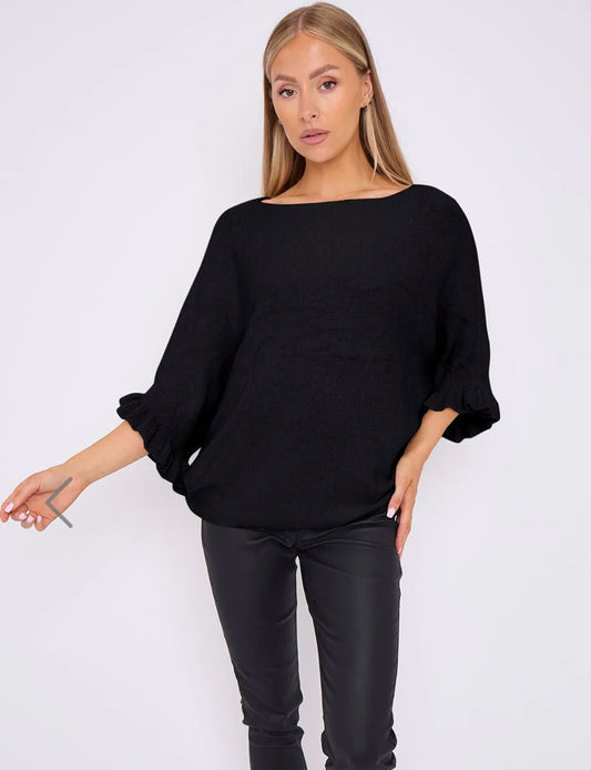 Connie Frill Sleeve Jumper | Black