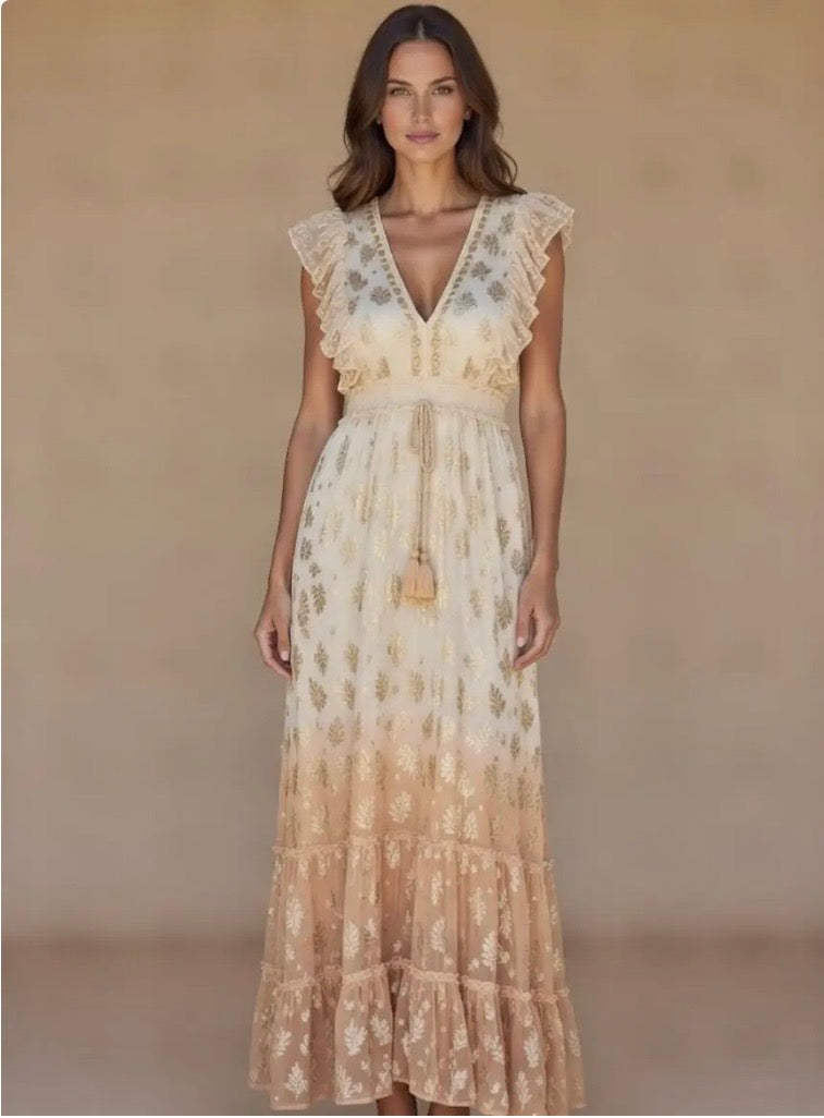Naxos Ruffle Shoulder Maxi Dress | Beige