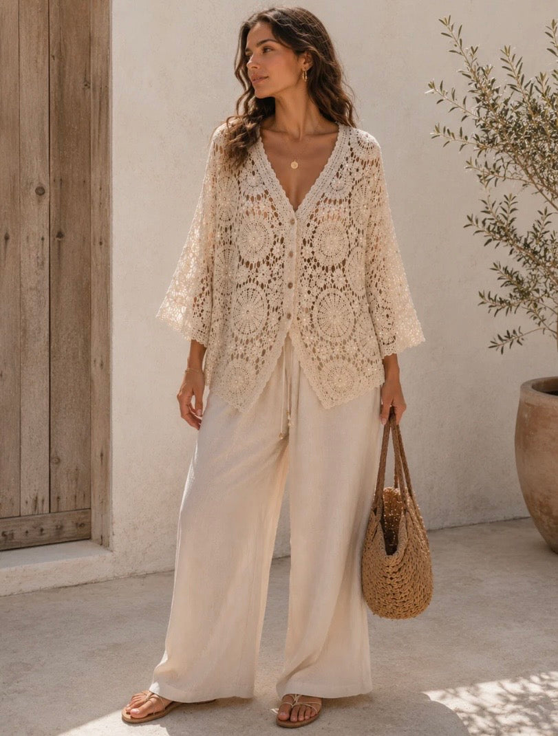 Pearl Crochet Cardigan | Beige