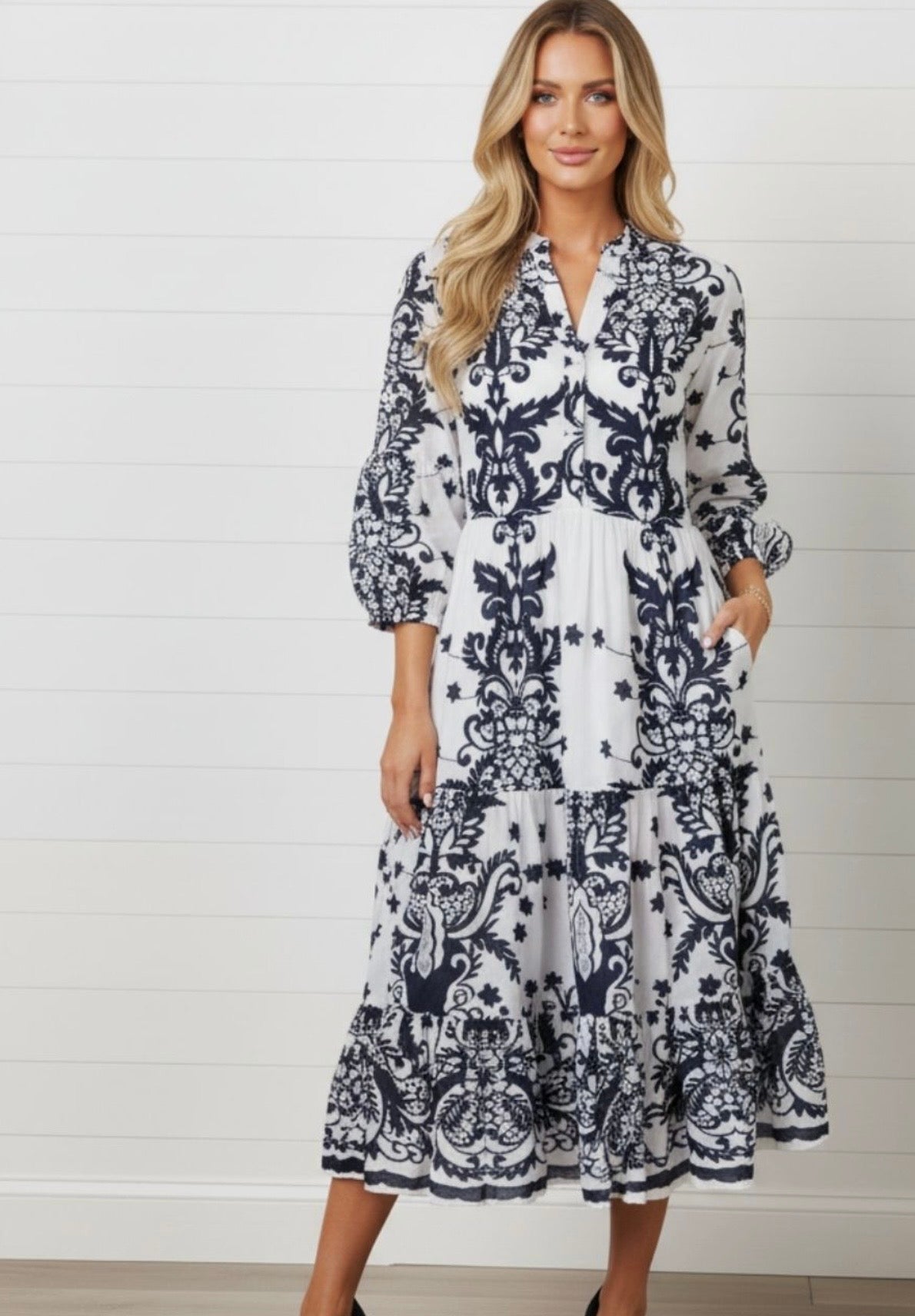 Neve Tiered Dress | White & Navy
