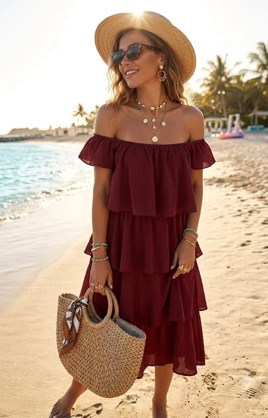 Tracy Tiered Frill Dress | Burgandy