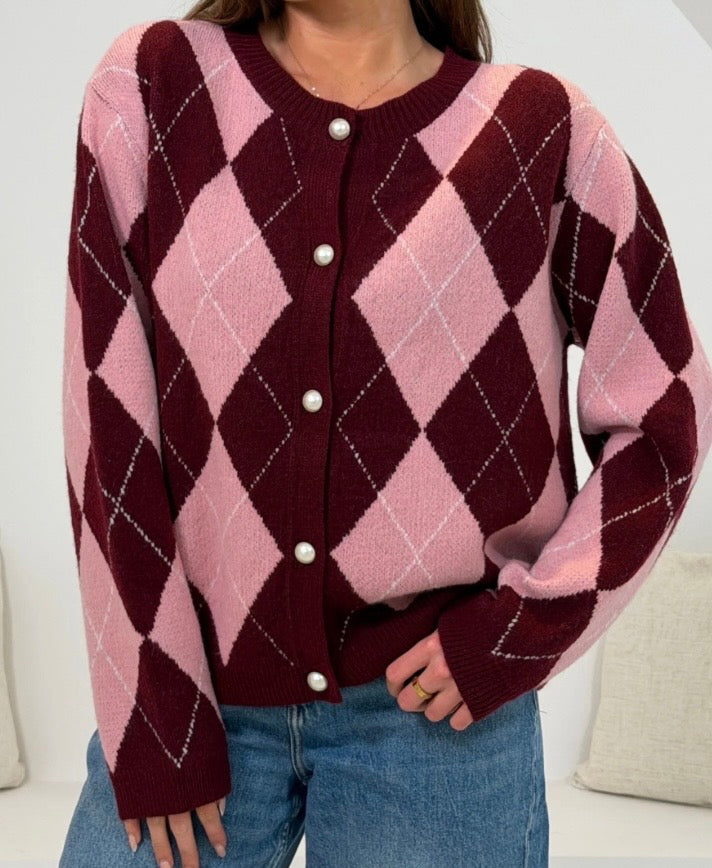 Vhari Diamond Cardigan | Burgandy & Pink