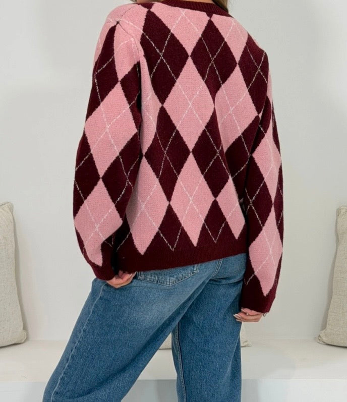 Vhari Diamond Cardigan | Burgandy & Pink